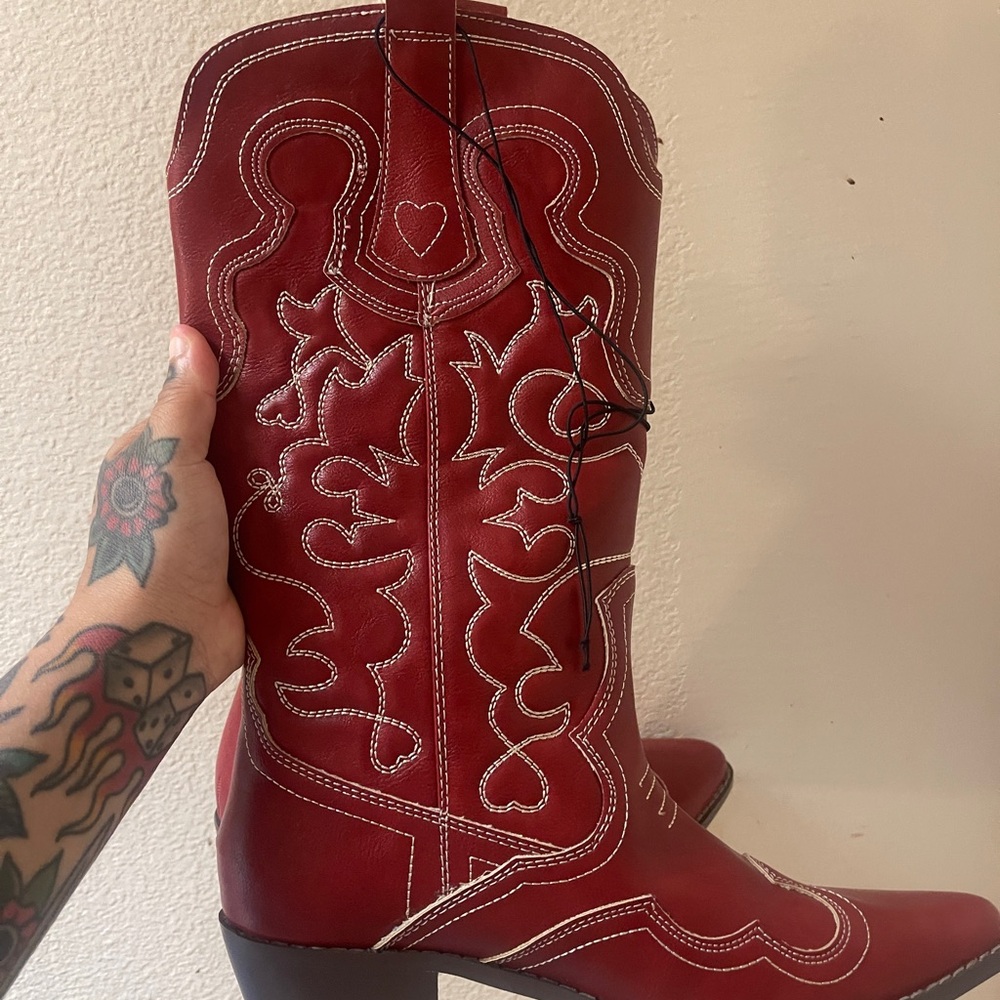 Forever 21 Red Heeled Boots with Decorative Stitching